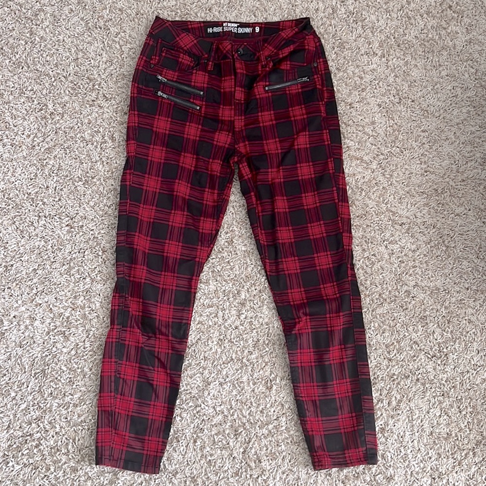 Hot Topic Black Red Plaid Skinny Jeans Size 9